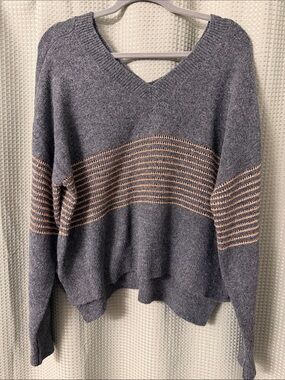 Democracy Gray V-Neck Sweater with Peach Stripe
